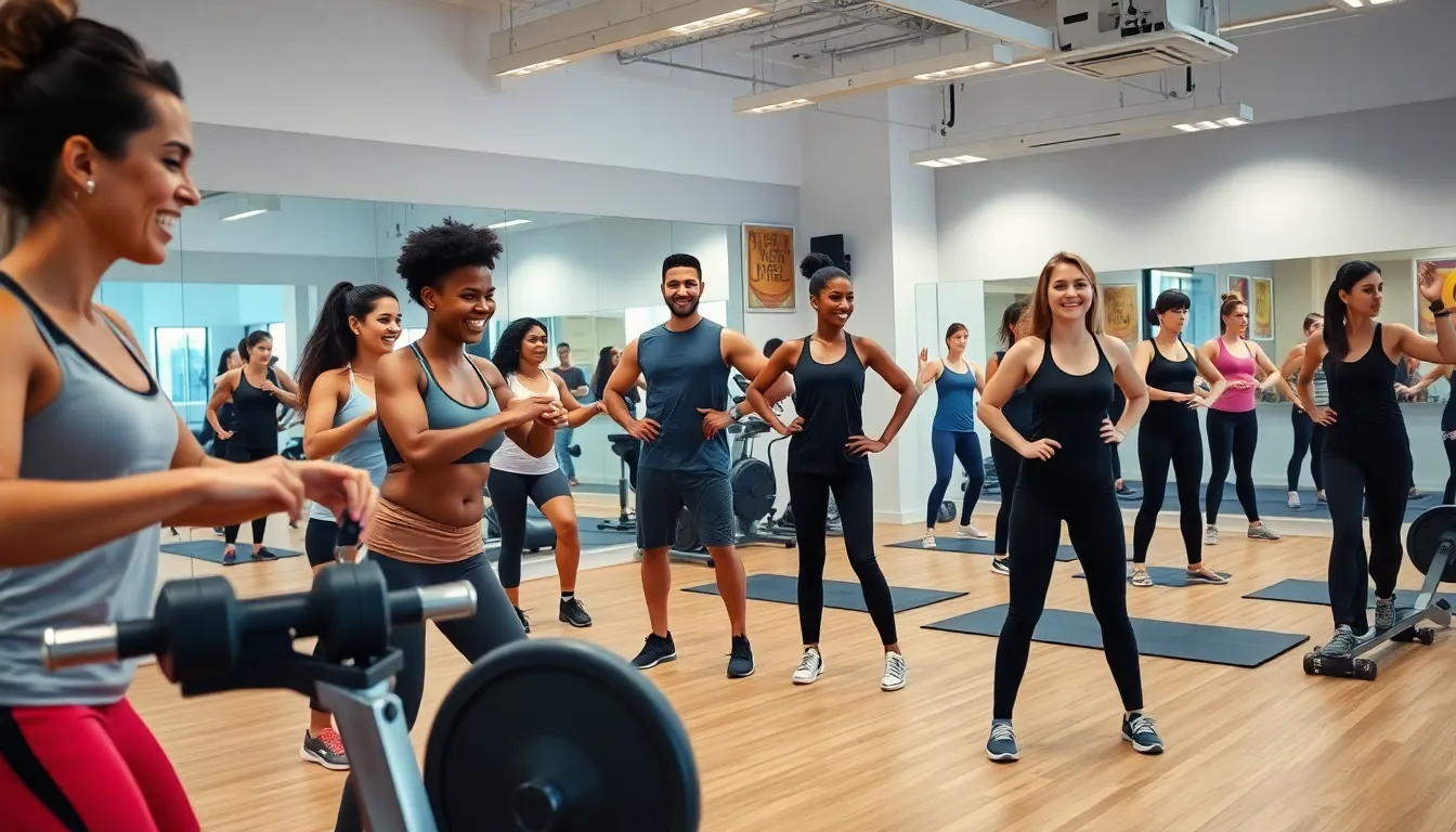diverse group engaging in various fitness training classes in a modern studio.