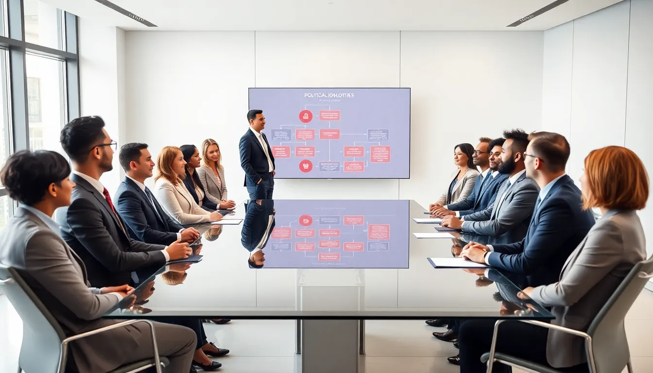 diverse professionals discussing political ideologies in a modern conference room.