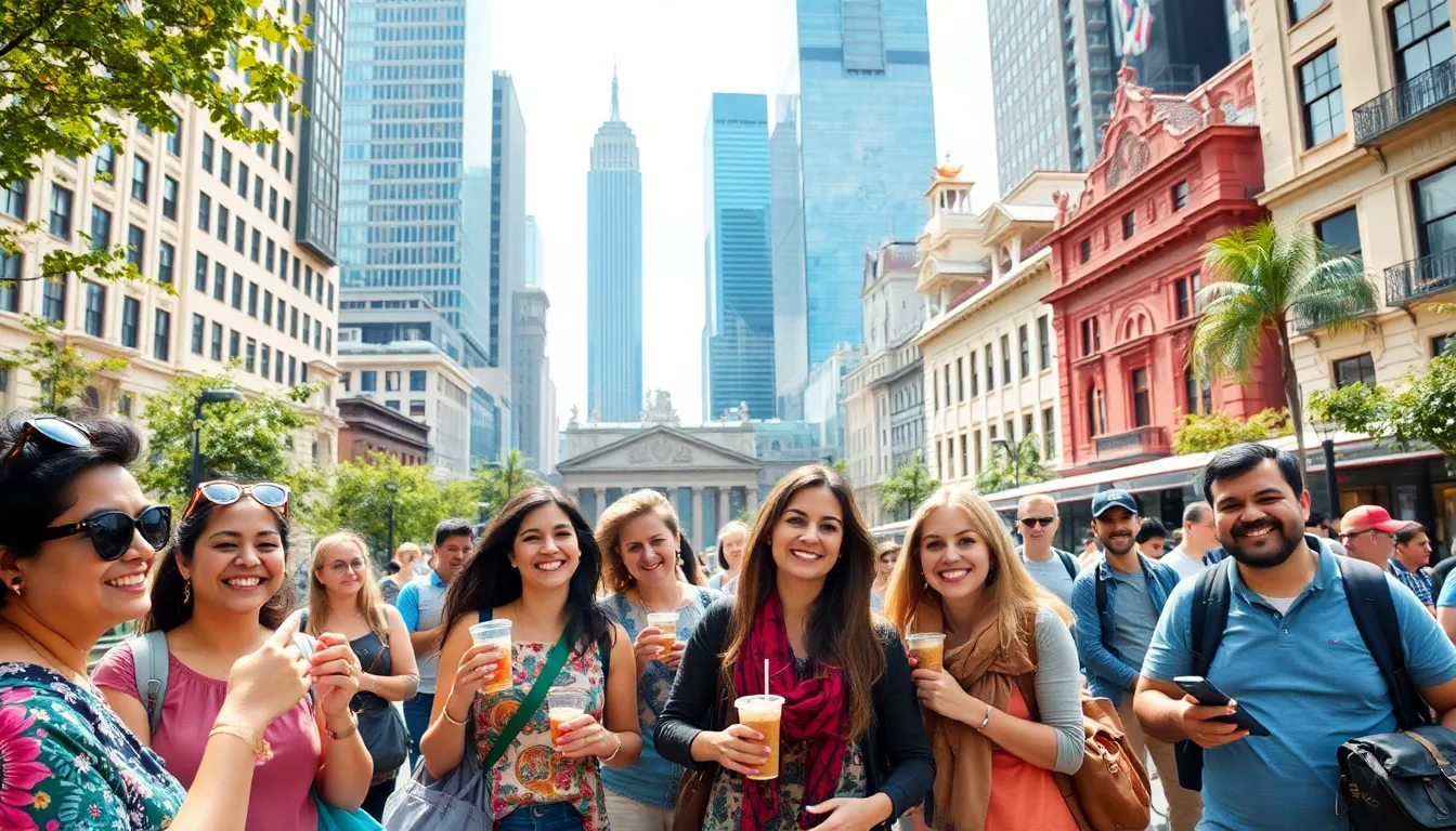 diverse travelers exploring a vibrant U.S. city.